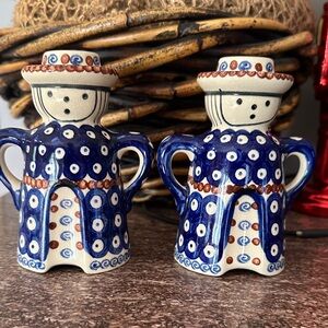 VINTAGE Poland  Blue and White Ceramic Figurine Candlestick set
